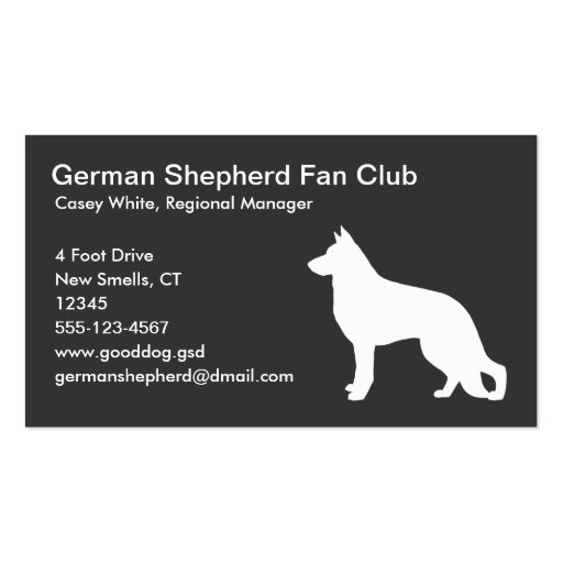 White German Shepherd Dog Silhouette on Grey Business Card Templates (front side)
