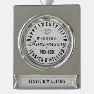 White Glitter 25th Wedding Anniversary Silver Plated Banner Ornament