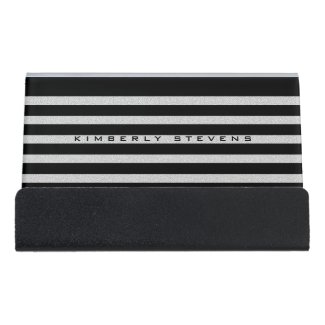 White Glitter And Black Stripes Desk Business Card Holder