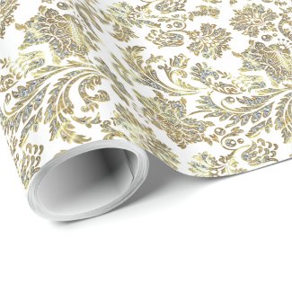 White Glitter And Gold Vintage Damasks Pattern Wrapping Paper