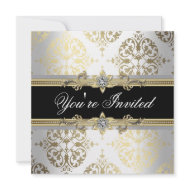 White Gold Black Damask Party Invitations invitation