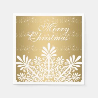 White & Gold Christmas Snowflake Standard Cocktail Napkin