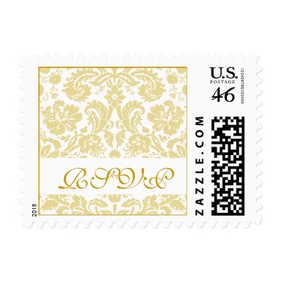 White Gold Cream Damask Wedding RSVP Postage