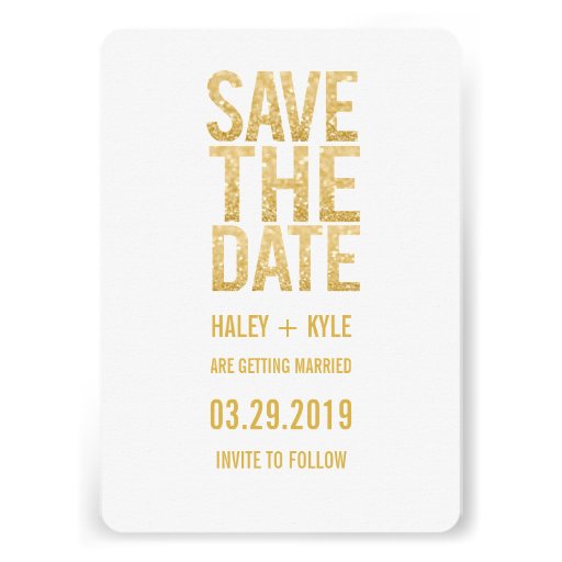 White & Gold Glitter Save the Date Typography Custom Announcement
