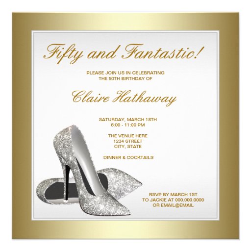 White Gold High Heels Womans 50th Birthday Personalized Invitation