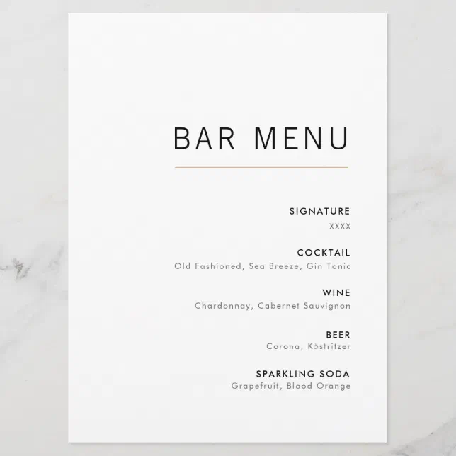 White Gold Modern Minimalist Wedding Bar Menu Zazzle