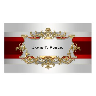 White Gradient, Red Ribbon, Gold Framed Label Business Cards