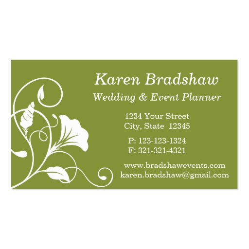White & Green Floral Wedding Planner Business Card Business Card Templates (front side)