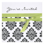 White & Green linen Damask baby shower invite