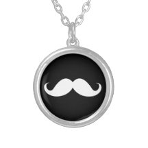 White handlebar mustache on black background personalized necklace