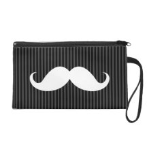 White handlebar mustache on gray black stripes wristlet