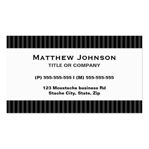 White handlebar mustache on gray black stripes business card (back side)