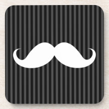 White handlebar mustache on gray black stripes beverage coaster