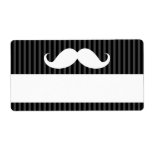 White handlebar mustache on gray black stripes labels