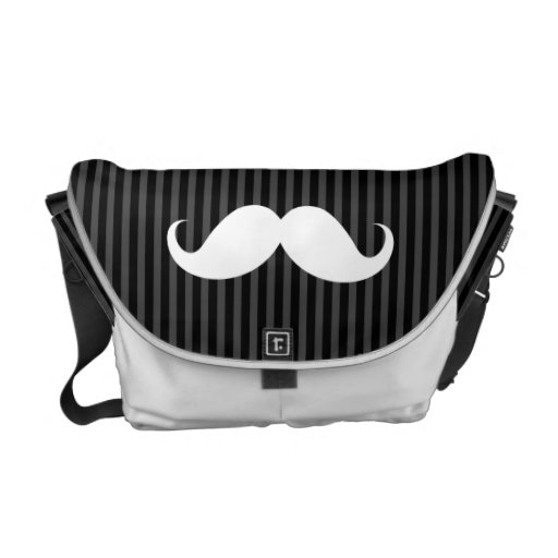 White handlebar mustache on gray black stripes courier bag