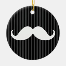 White handlebar mustache on gray black stripes christmas ornament