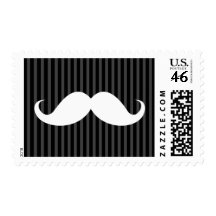 White handlebar mustache on gray black stripes postage