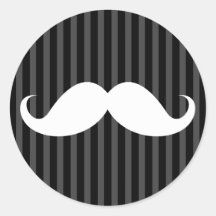 White handlebar mustache on gray black stripes round sticker