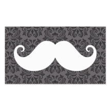 White handlebar mustache on gray damask pattern business card