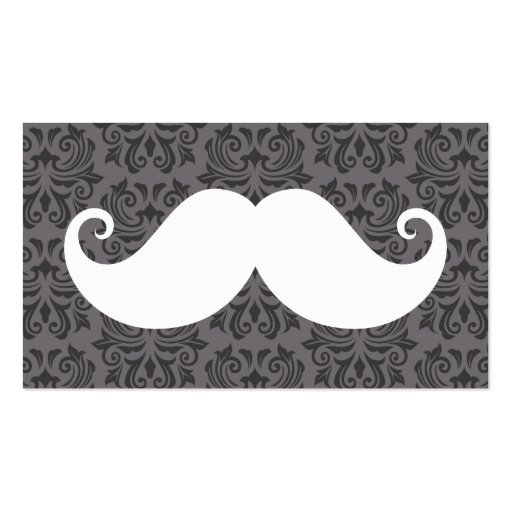 White handlebar mustache on gray damask pattern business card (front side)