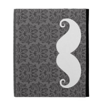 White handlebar mustache on gray damask pattern iPad folio covers