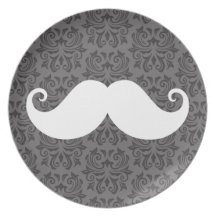 White handlebar mustache on gray damask pattern party plates