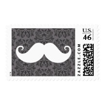 White handlebar mustache on gray damask pattern postage stamp