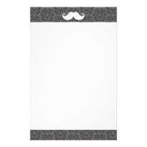 White handlebar mustache on gray damask pattern stationery paper