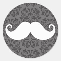 White handlebar mustache on gray damask pattern sticker