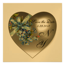 WHITE HEART FORGET ME NOT MONOGRAM Gold Metallic Custom Announcements