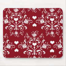 white heart on red romantic love damask mouse pad