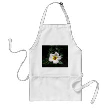 White hibiscus flower red center dark background apron