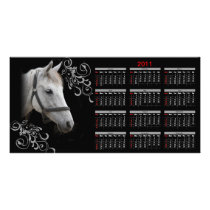 White Horse Portrait Calendar on Black Customized Photo Card