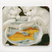 white kittens fishing in a gold fish bowl mouse pads