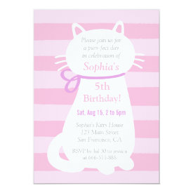 White Kitty Cat Pink Stripes Girls Birthday Party Card