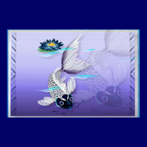 White Koi-Blue Lily Poster posters