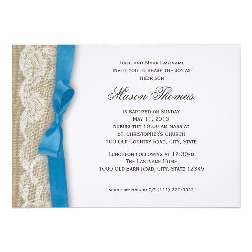 White Lace and Burlap Christening Personalized Invite