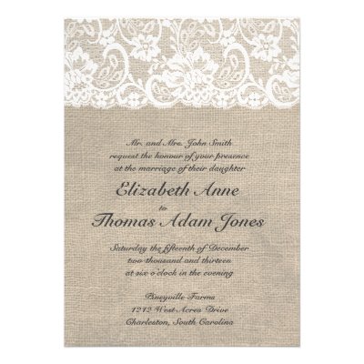White Lace and Burlap Wedding Invitation