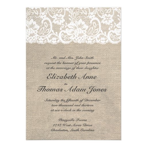 White Lace and Burlap Wedding Invitation