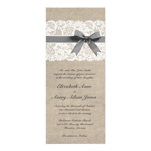 White Lace and Burlap Wedding Invitation Vertical