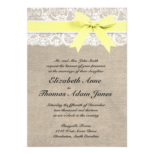 White Lace and Burlap Wedding Invitation- Yellow