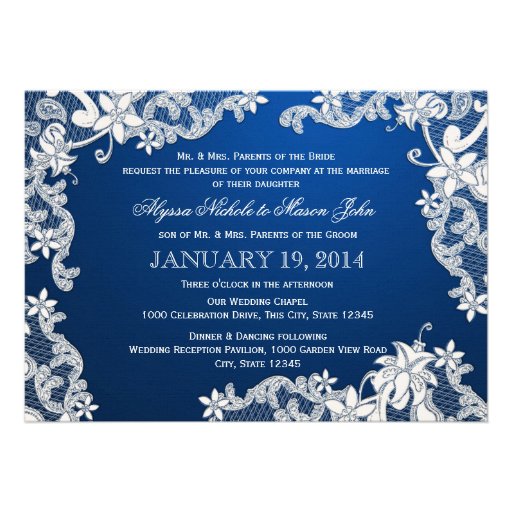 White Lace and Deep Sapphire Wedding Invite