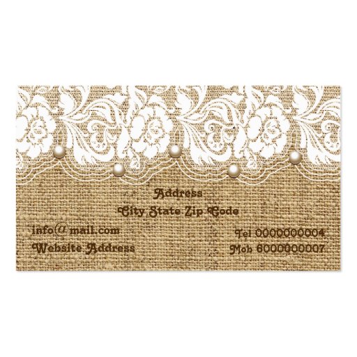 White lace and pearls on linen colored burlap business cards (back side)