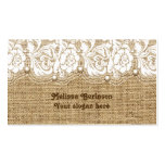 White lace and pearls on linen colored burlap business cards
