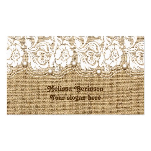 White lace and pearls on linen colored burlap business cards (front side)