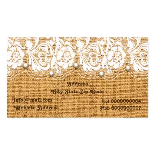 White lace and pearls on orange colored burlap business card templates (back side)