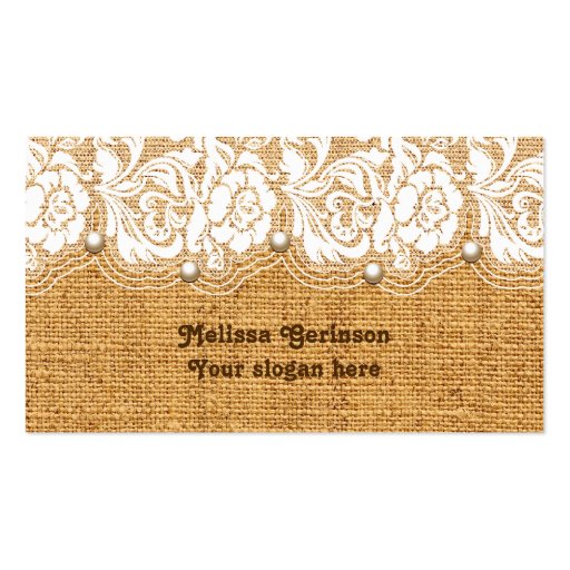 White lace and pearls on orange colored burlap business card templates (front side)