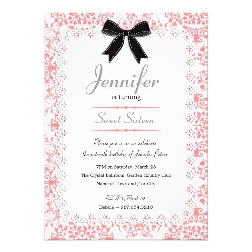 White Lace and Pink Damask Sweet 16 5x7 Custom Invitations