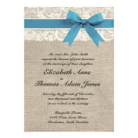 White Lace & Blue Ribbon Burlap Wedding Invitation