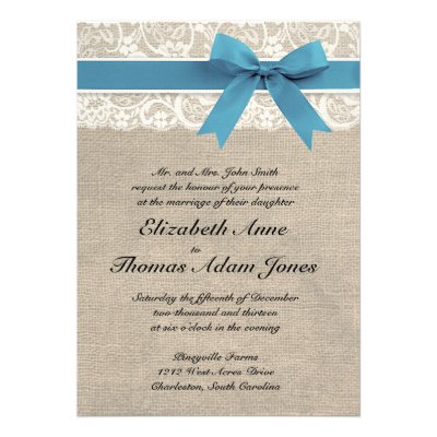 White Lace & Blue Ribbon Burlap Wedding Invitation